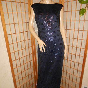 RALPH LAUREN Navy Sequin Full Length Evening Dress